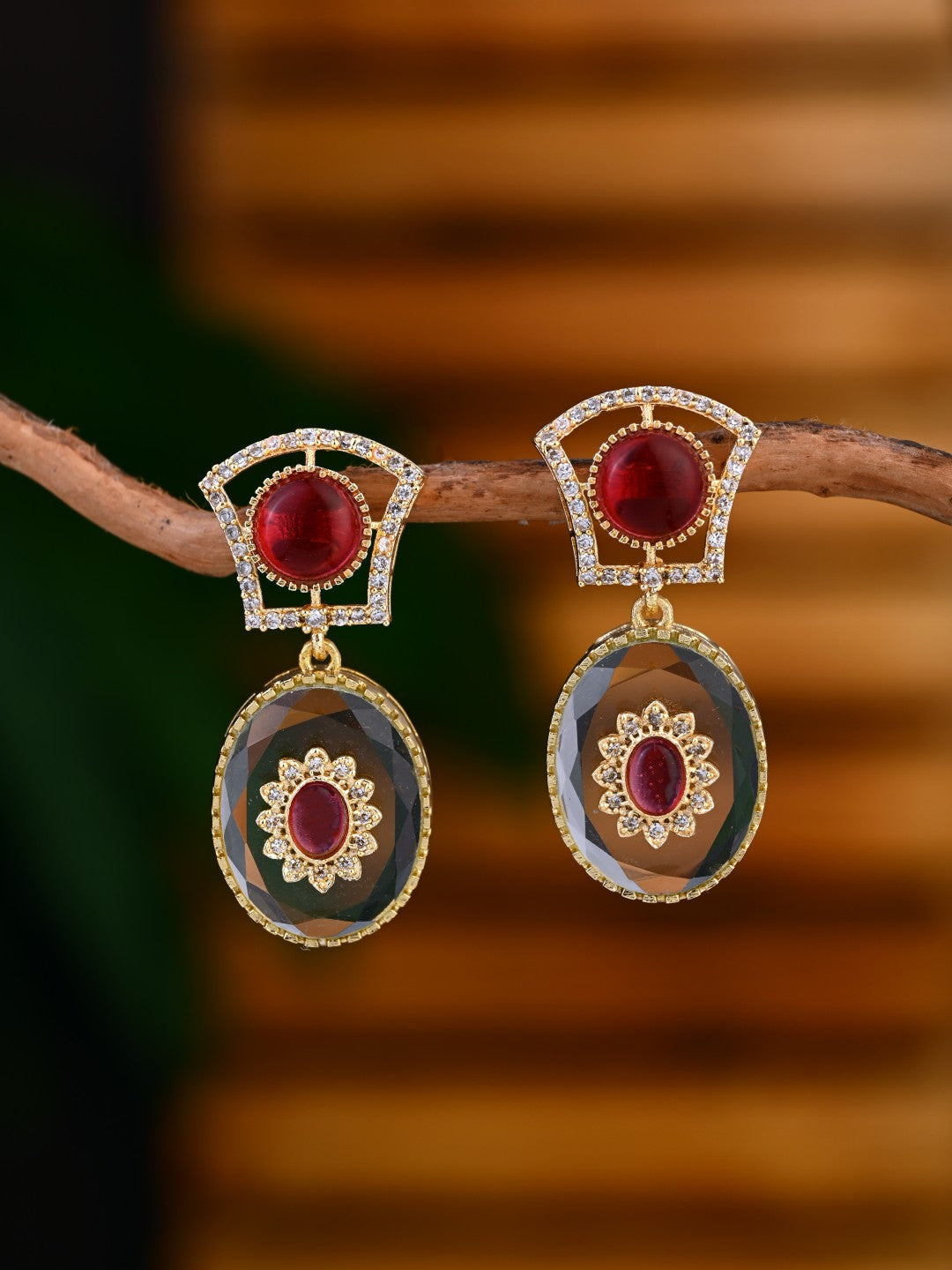 Monalisa Stone & Gold-Tone transparent stone Drop Earrings - Red