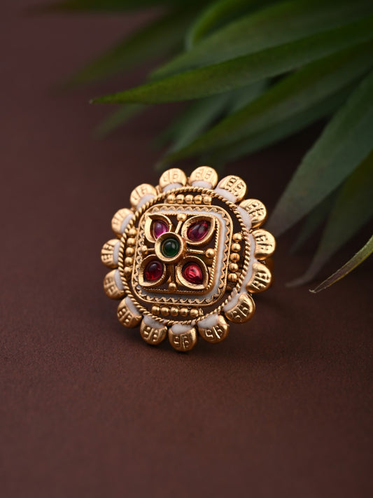 Gold Ruby Emerald Mandala Ring