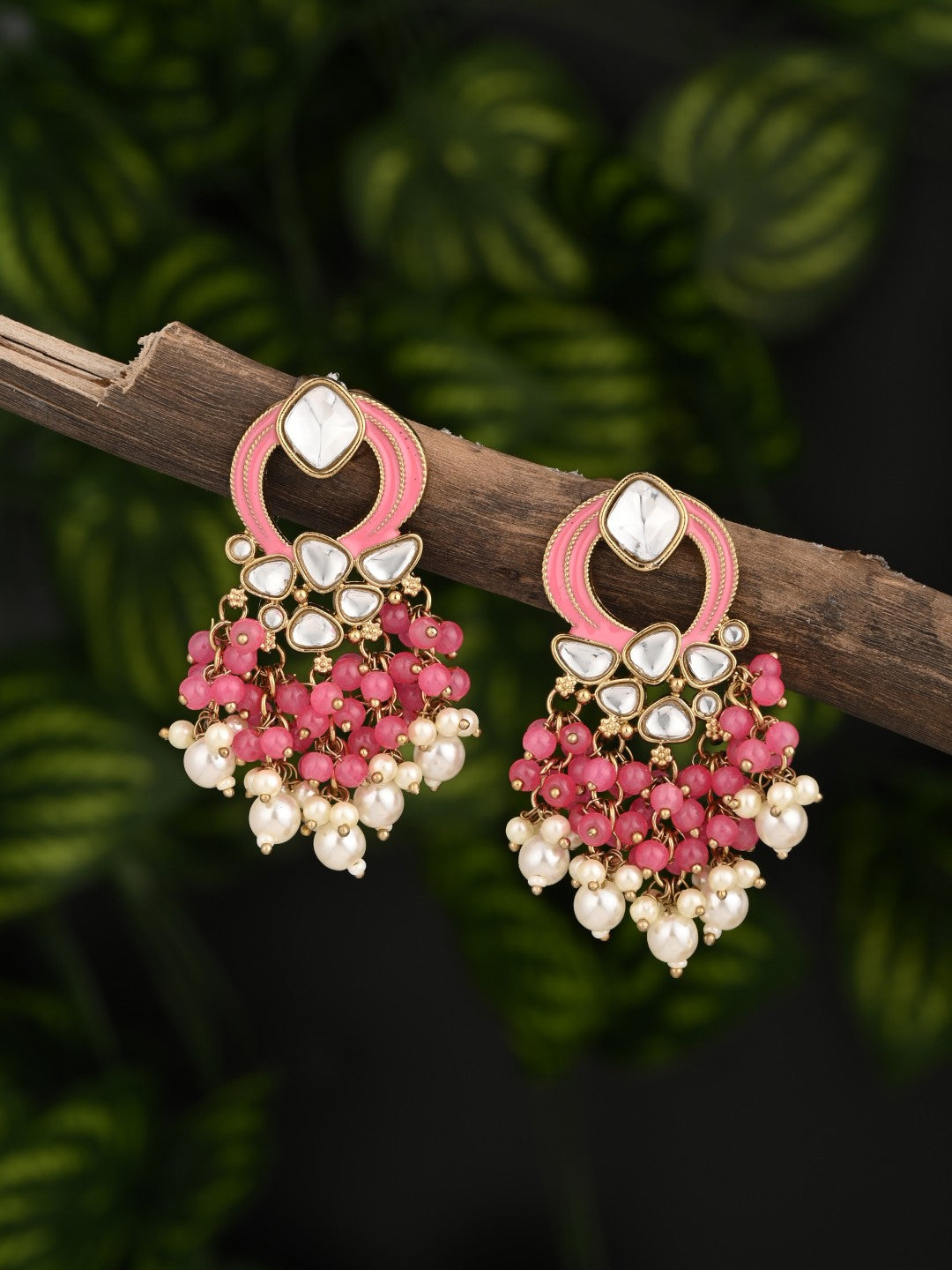 Gold-Plated Meenakari Stud Earrings with Kundan & Pearl Cluster drops - Pink