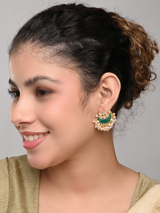Gold-Plated Brass Half Moon Studs with Meenakari Green