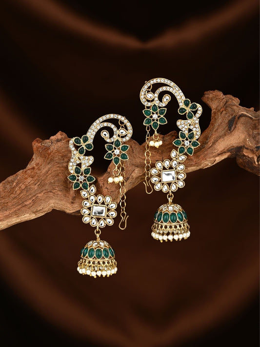 Riddhi Green Kundan Jhumka Earrings with Pearl Drops