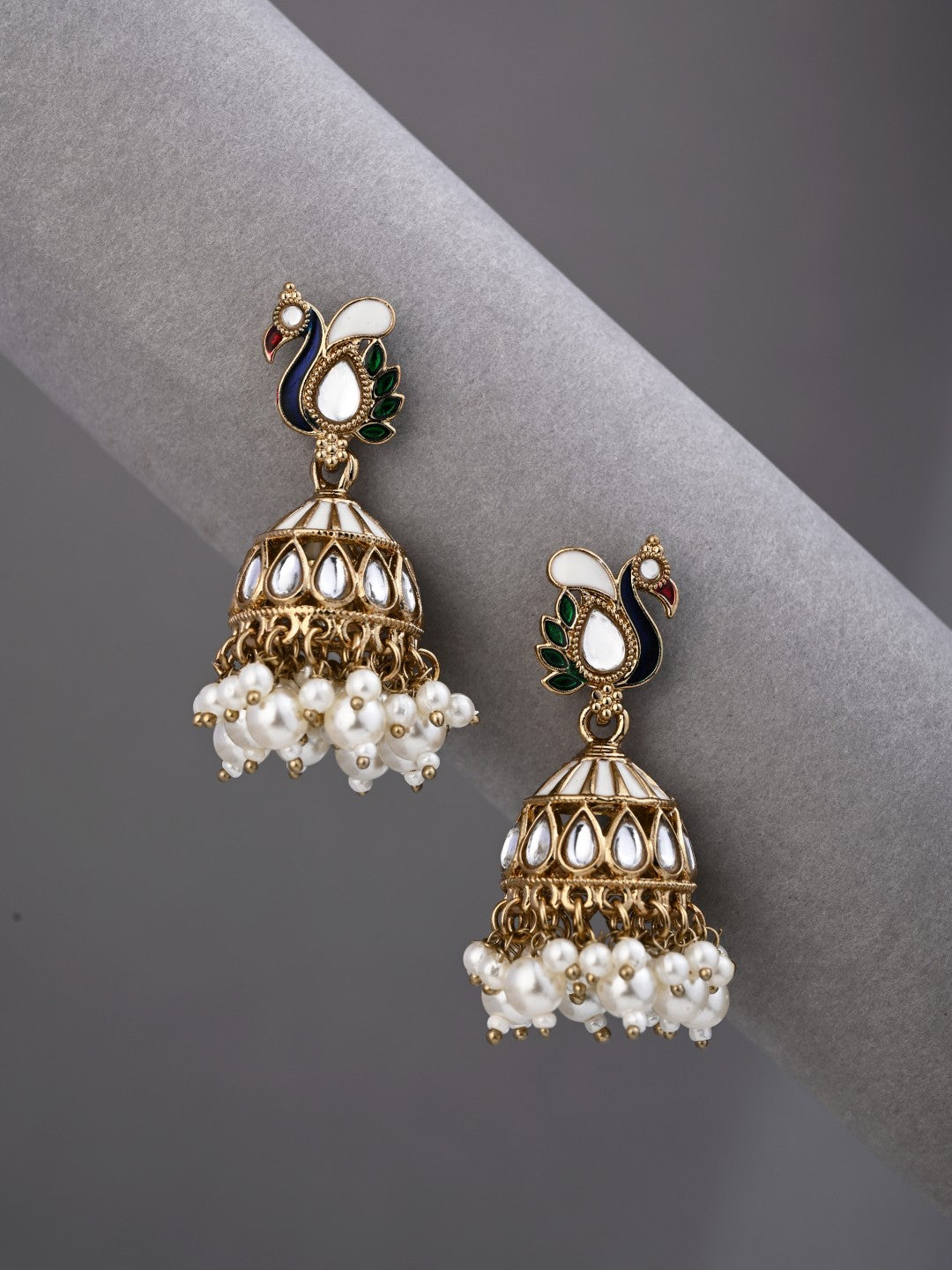 Peacock-inspired jhumka earrings- White