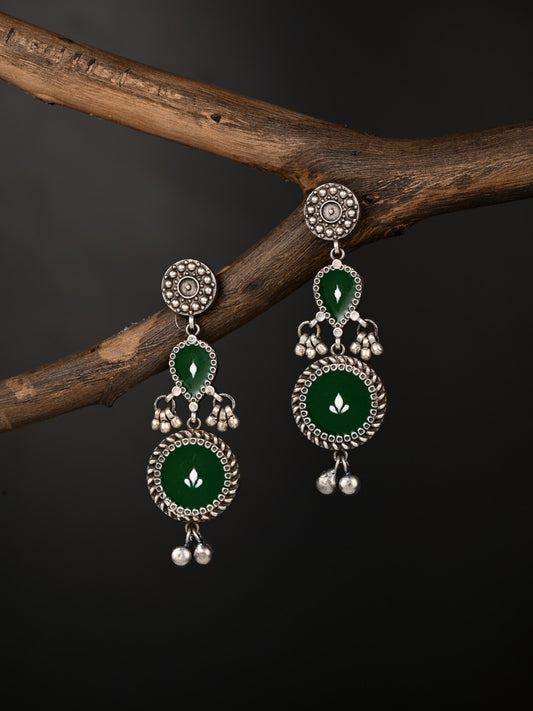 Hand-Painted circular Drop Earrings Green
