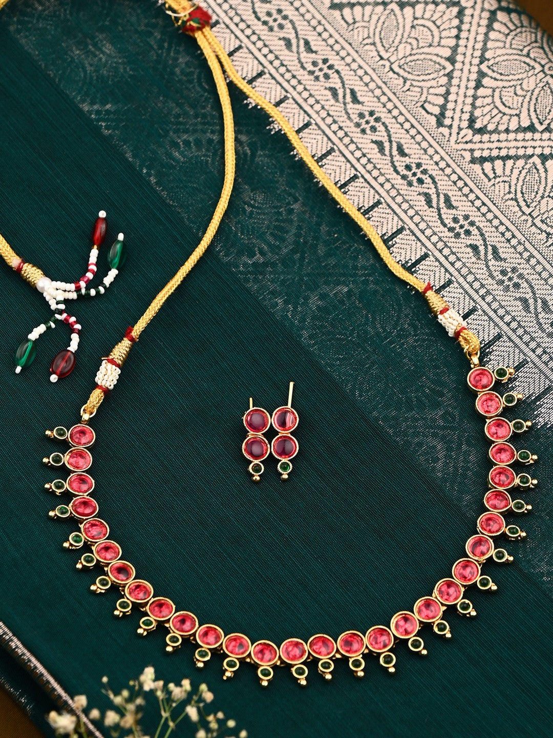 Ruby & Emerald Floral Gold-Tone Necklace & Earrings Set