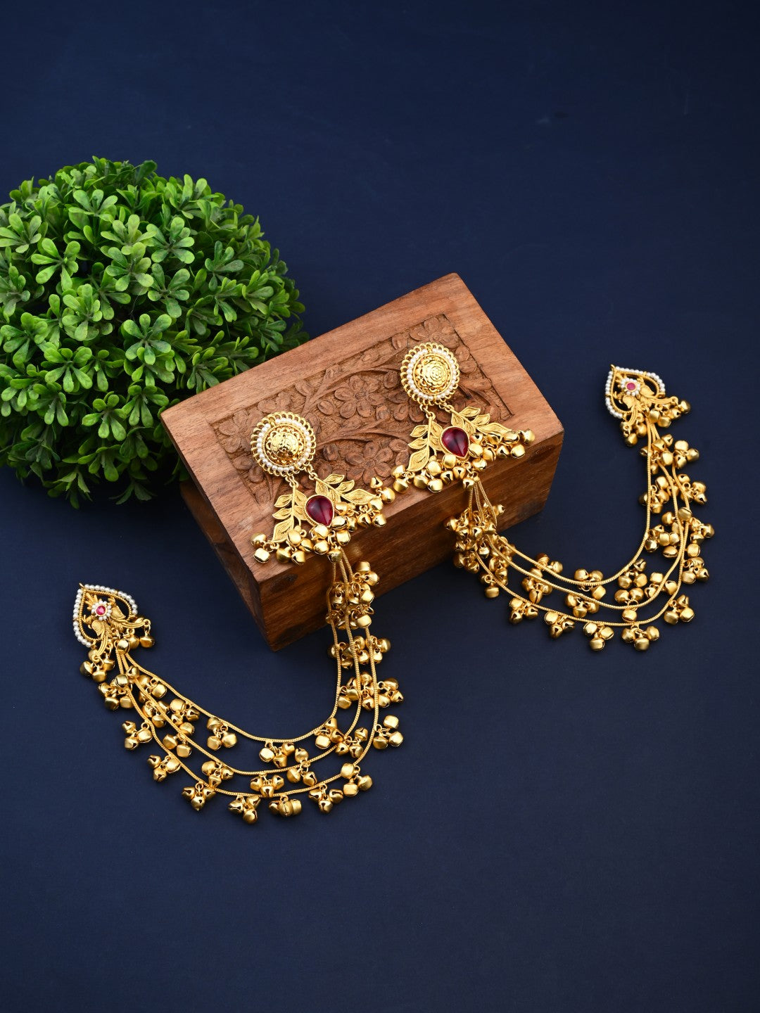 Gold plated Studs Earring with Ear chains Red
