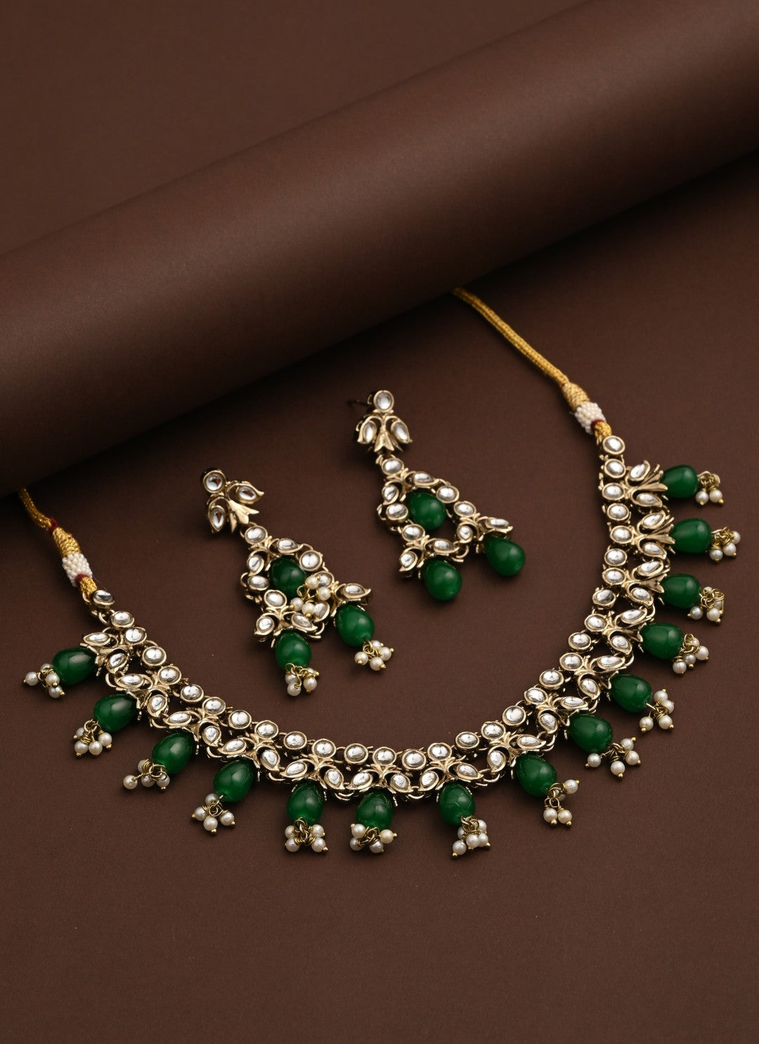 Kundan Necklace set  with Green pearl drops