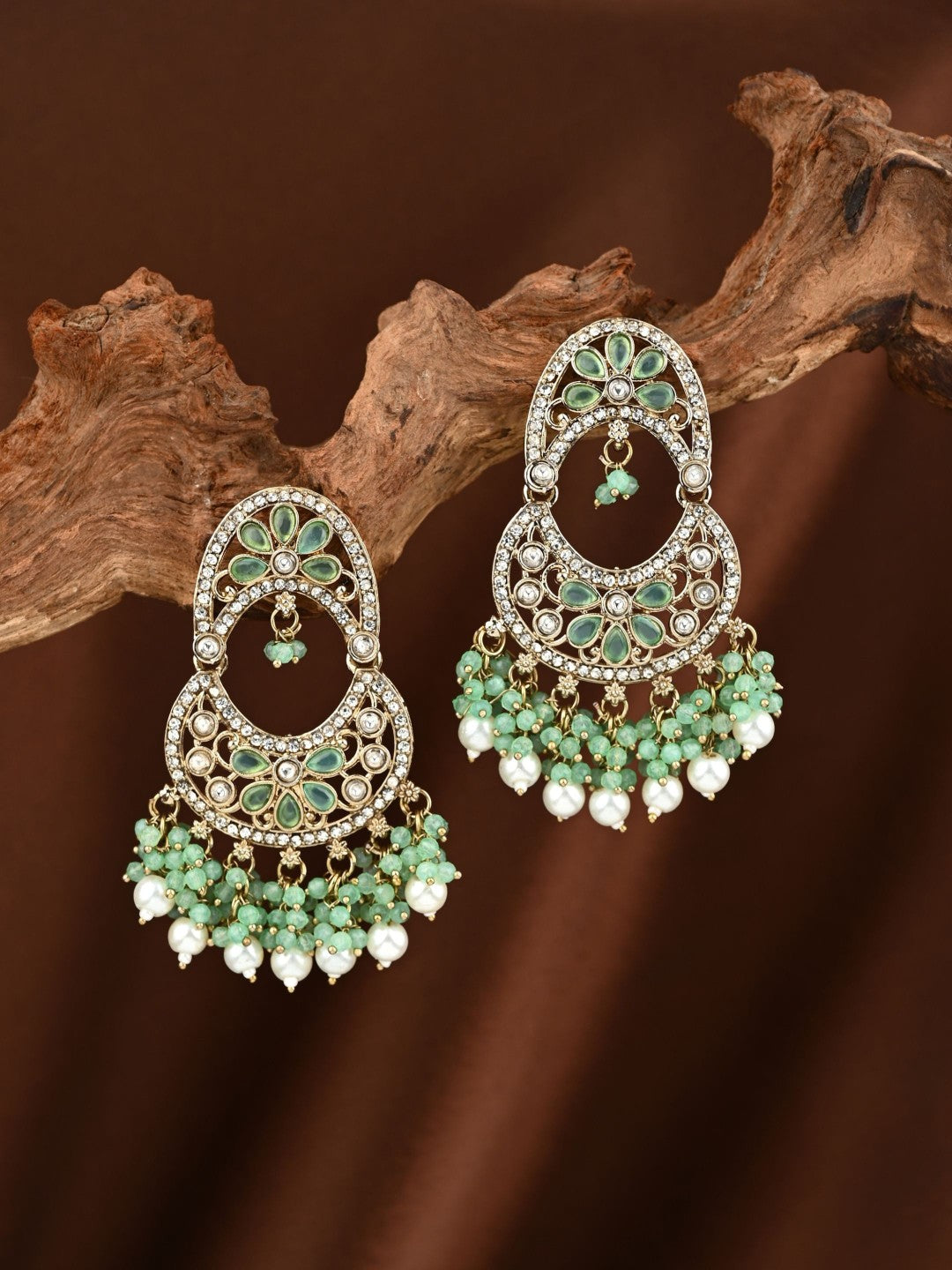 Gold-Toned Kundan Drop Earrings with Mint Green Bead Fringe