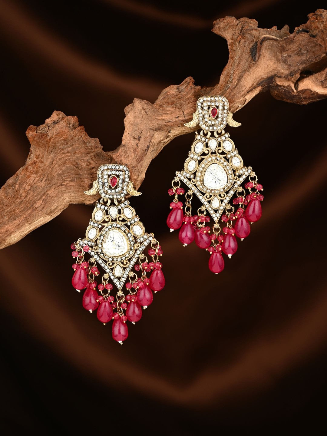 Gold-Toned Kundan Chandelier Earrings with Red Bead Drops