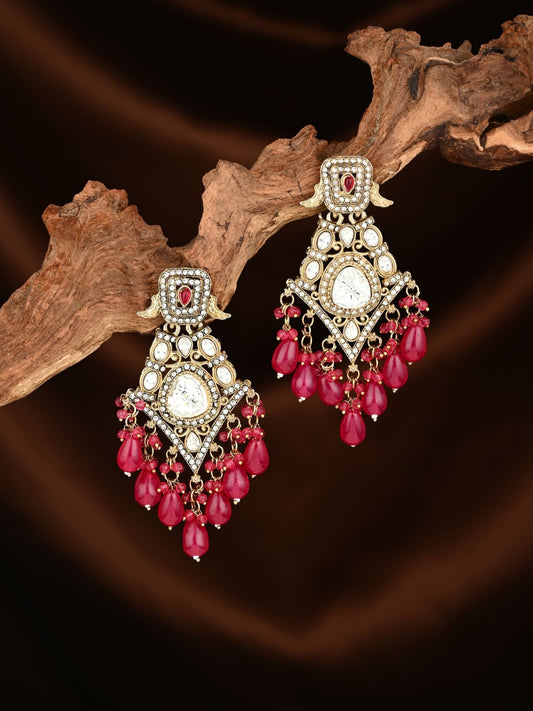 Gold-Toned Kundan Chandelier Earrings with Red Bead Drops