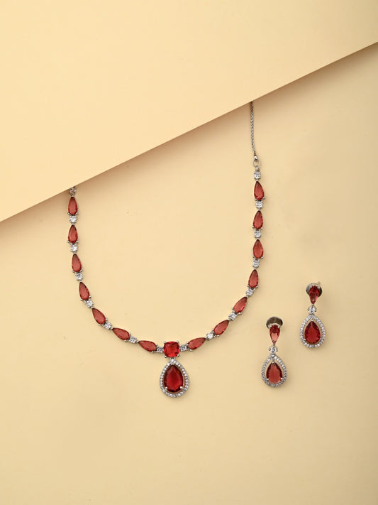 Silver-Tone Ruby Red Teardrop Necklace Set