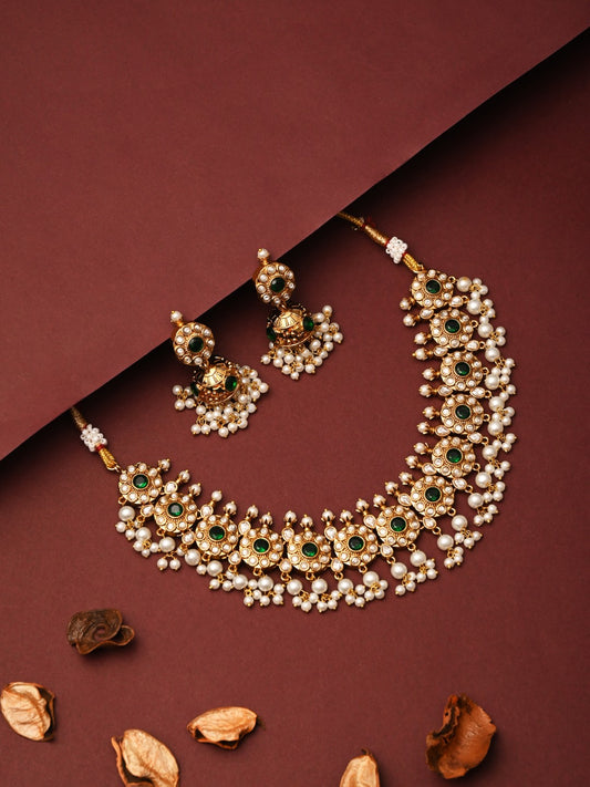 Gold-Plated Kemp Stone Necklace Set with Jhumka Earrings Green