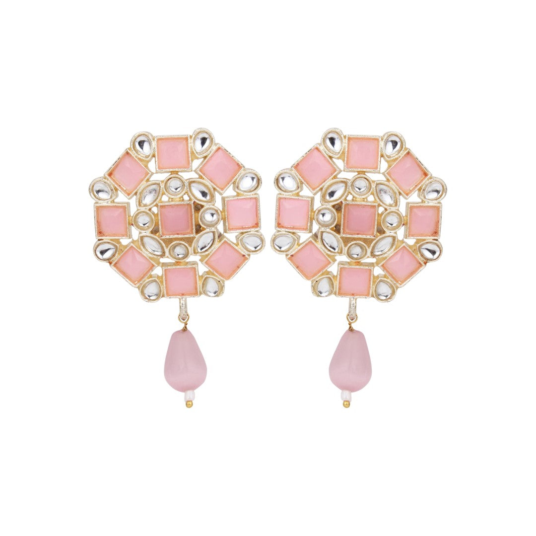 Gold plated Pink & White Monalisa Stone Studs with pearl drop