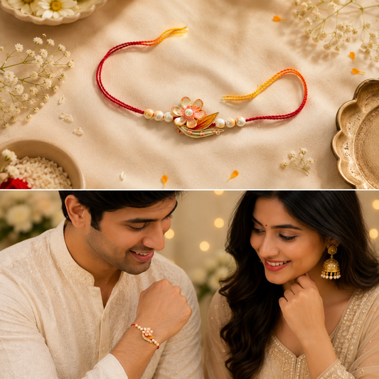 Handcrafted Floral Bhaiya Bhabhi Rakhi Set with Yellow Tassel Lumba