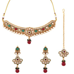 Multi coloured stone, temple design necklace earring & Maangtikka set