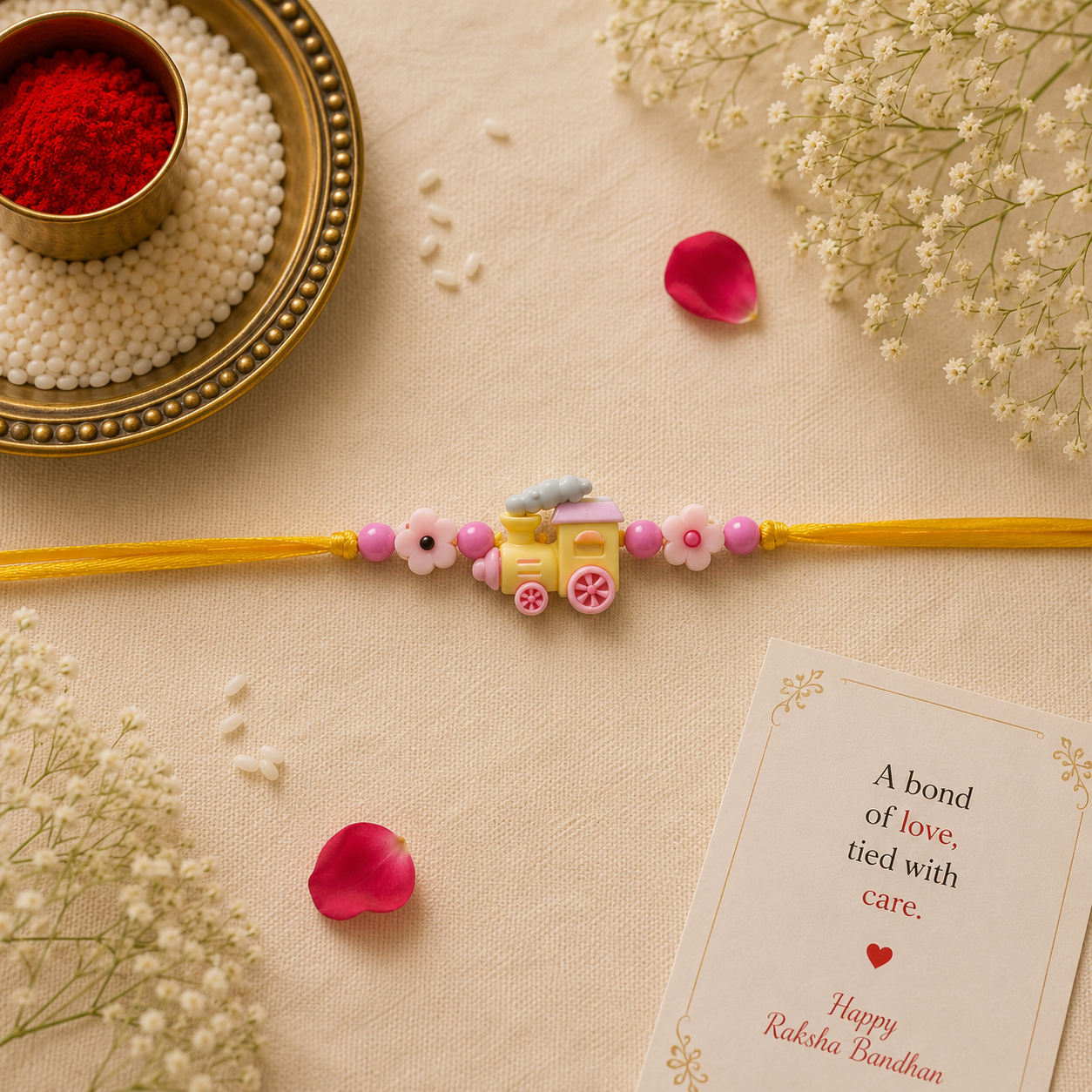 Set of 2 Kids Rakhi Combo – Headphone Evil Eye Rakhi & Cute Toy Train Rakhi