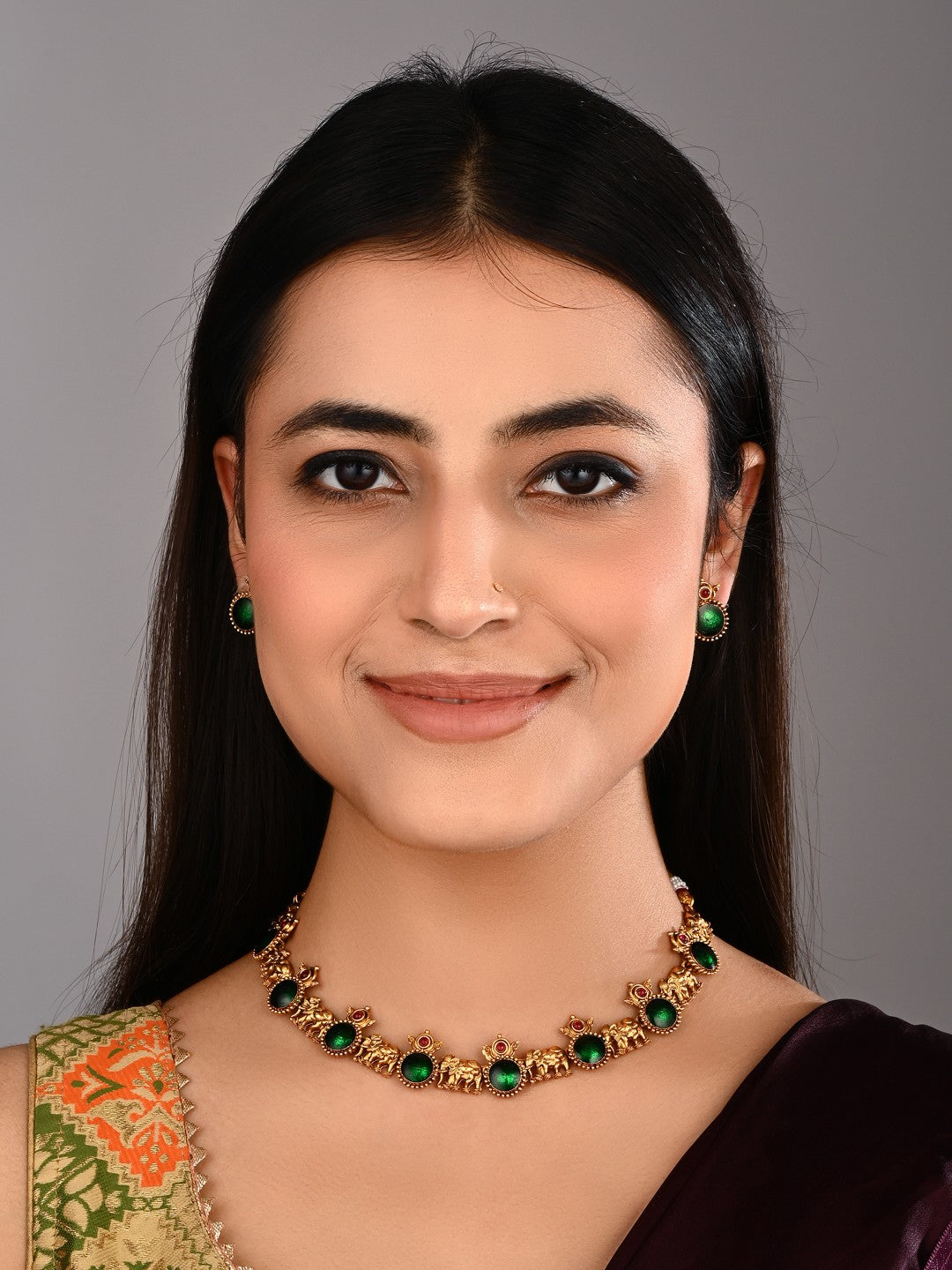 Gold plated Meenakari & Elephant Motif Necklace set - Green