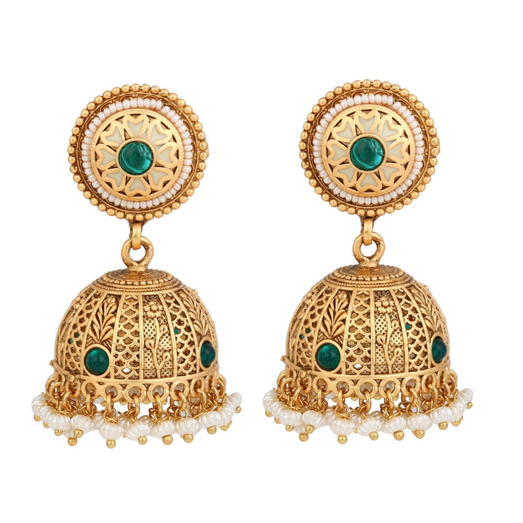 Royal Green Stone Antique Jhumka Earrings