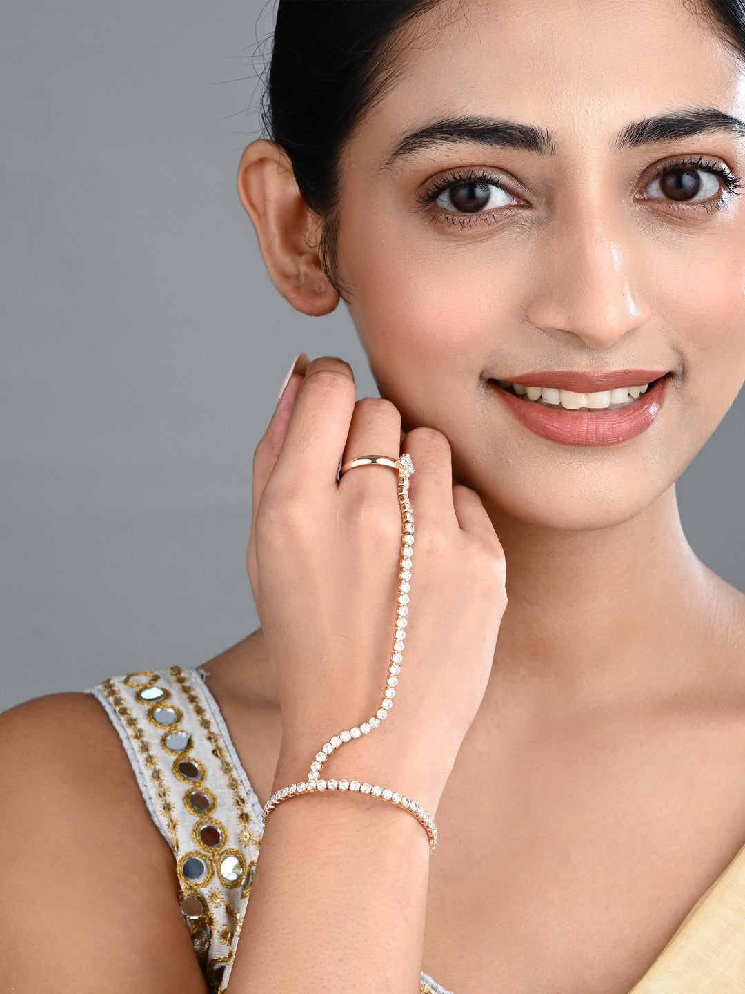 Elegant Gold-Tone CZ Tennis Bangle Bracelet with Ring