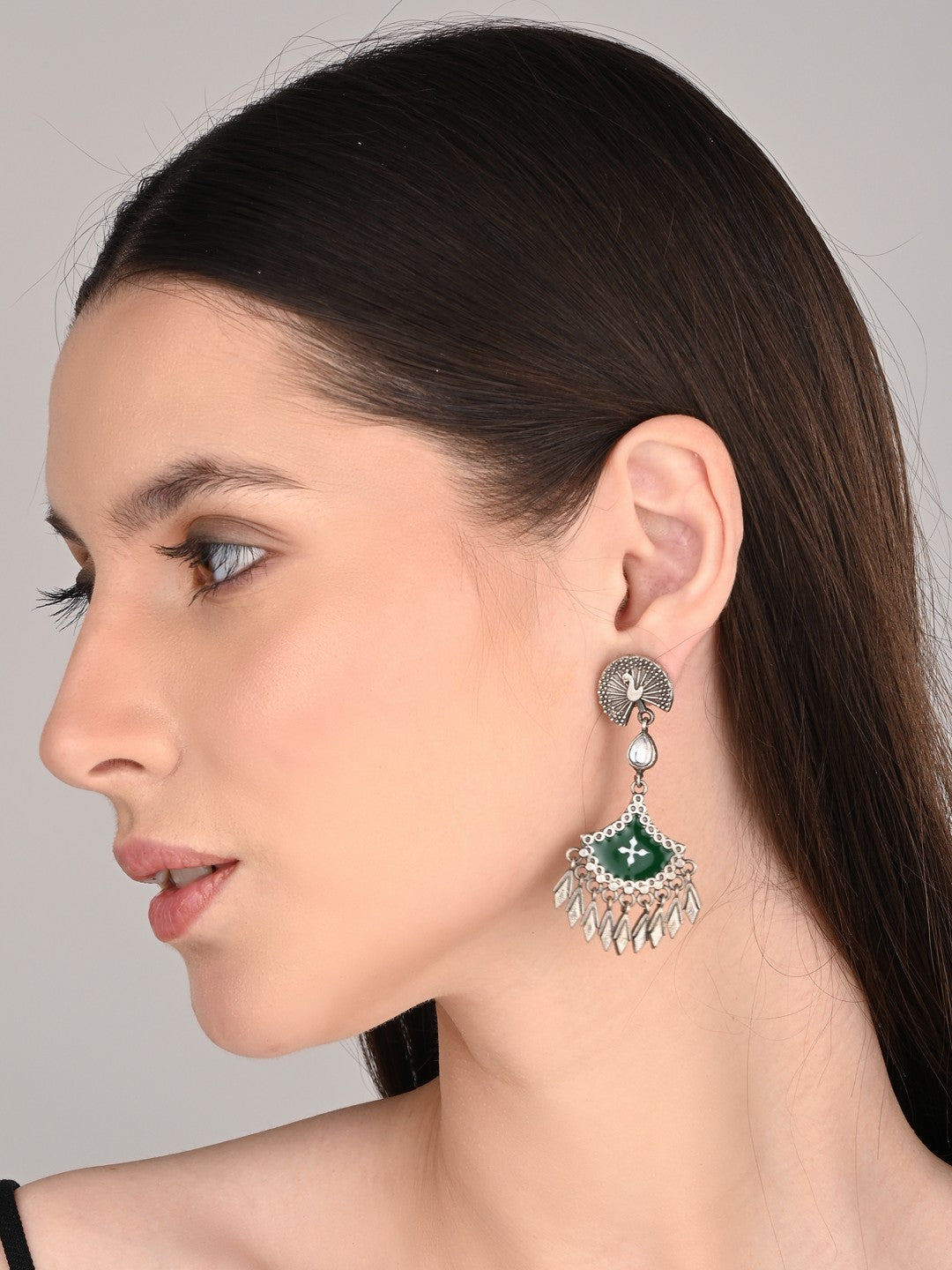 Silver Oxidised finish Green hand painted drop earring