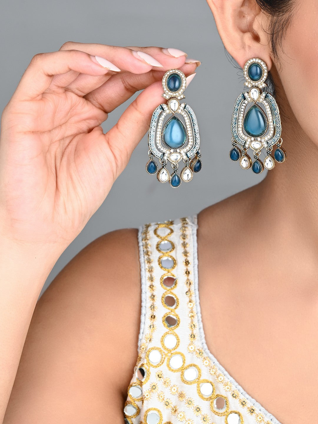Elegant Crystal Teardrop Statement Earrings - Blue