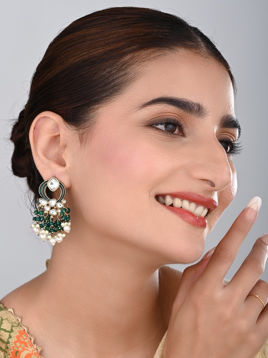 Gold-Plated Meenakari Stud Earrings with Kundan & Pearl Cluster drops - Green