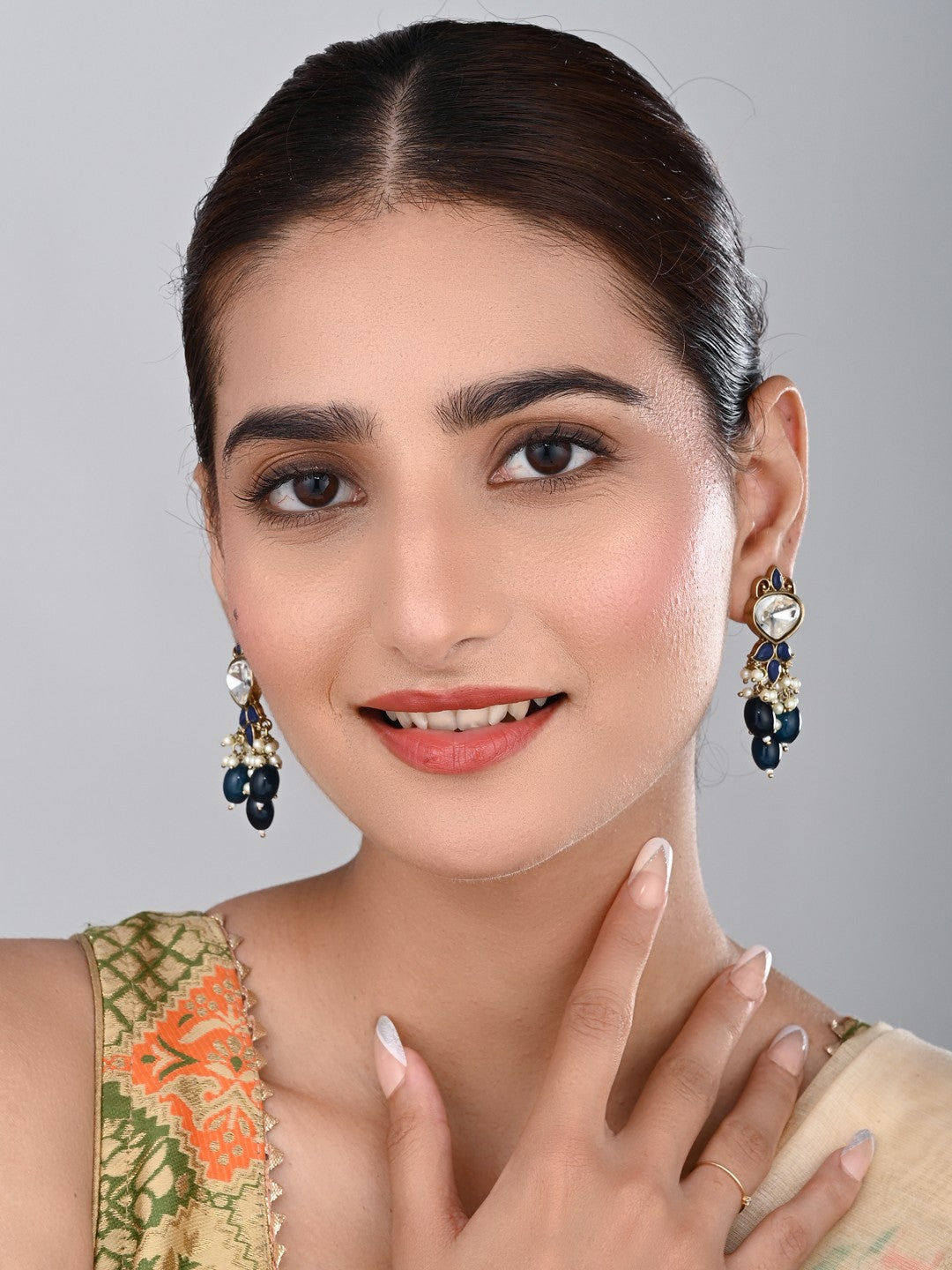 Gold plated Kundan & Pearl drop Earrings- Blue
