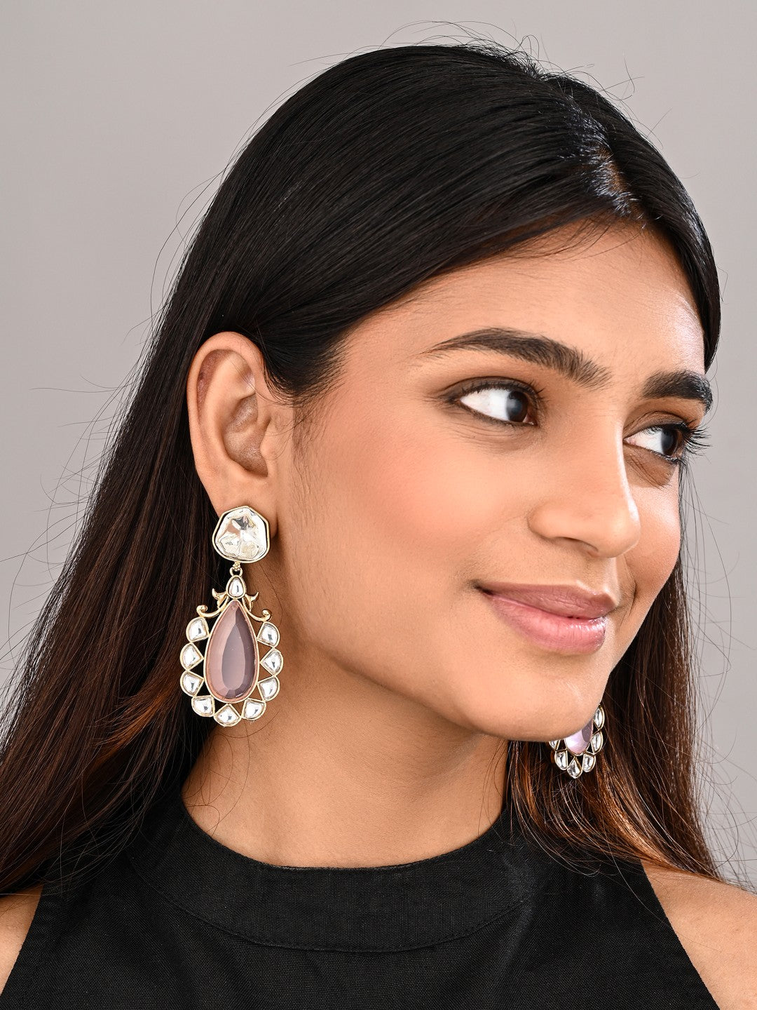 Gold-Plated Pink Kundan Teardrop Earrings for Women