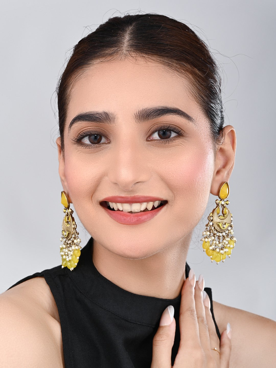 Gold-Plated Meenakari Chandbali Earrings with Kundan & Pearl Drops - Yellow