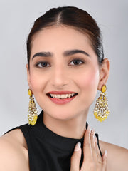 Gold-Plated Meenakari Chandbali Earrings with Kundan & Pearl Drops - Yellow