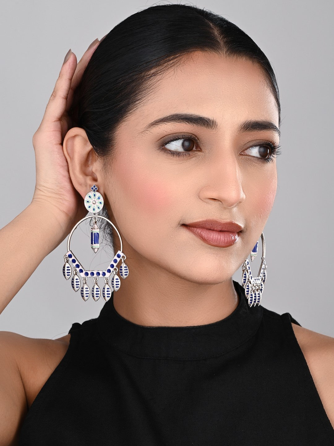 Silver plated White & Blue Meenakari Chandbali