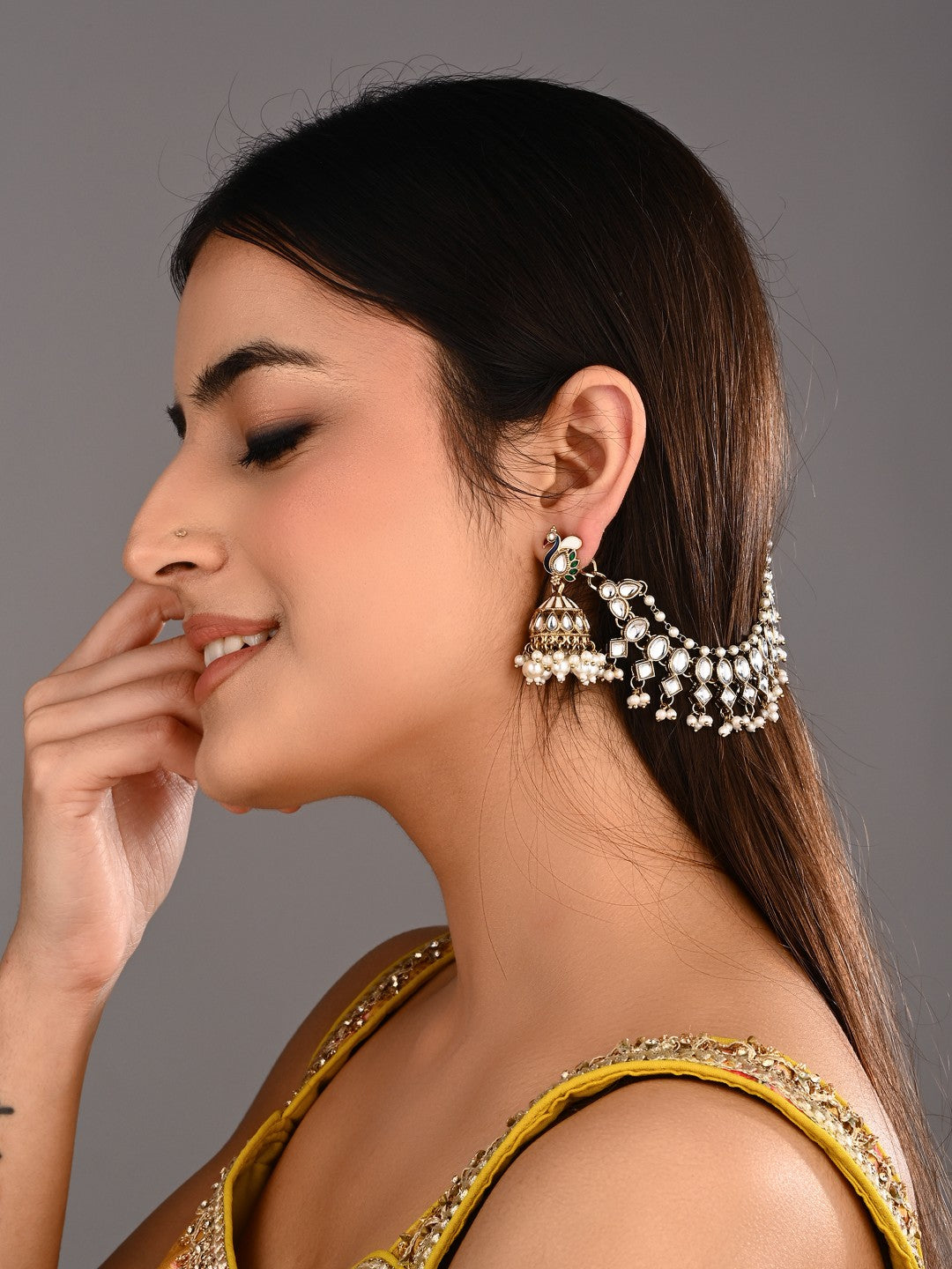 Kundan & Beads double layered ear chains