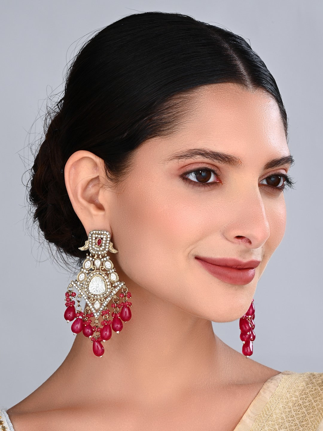 Gold-Toned Kundan Chandelier Earrings with Red Bead Drops