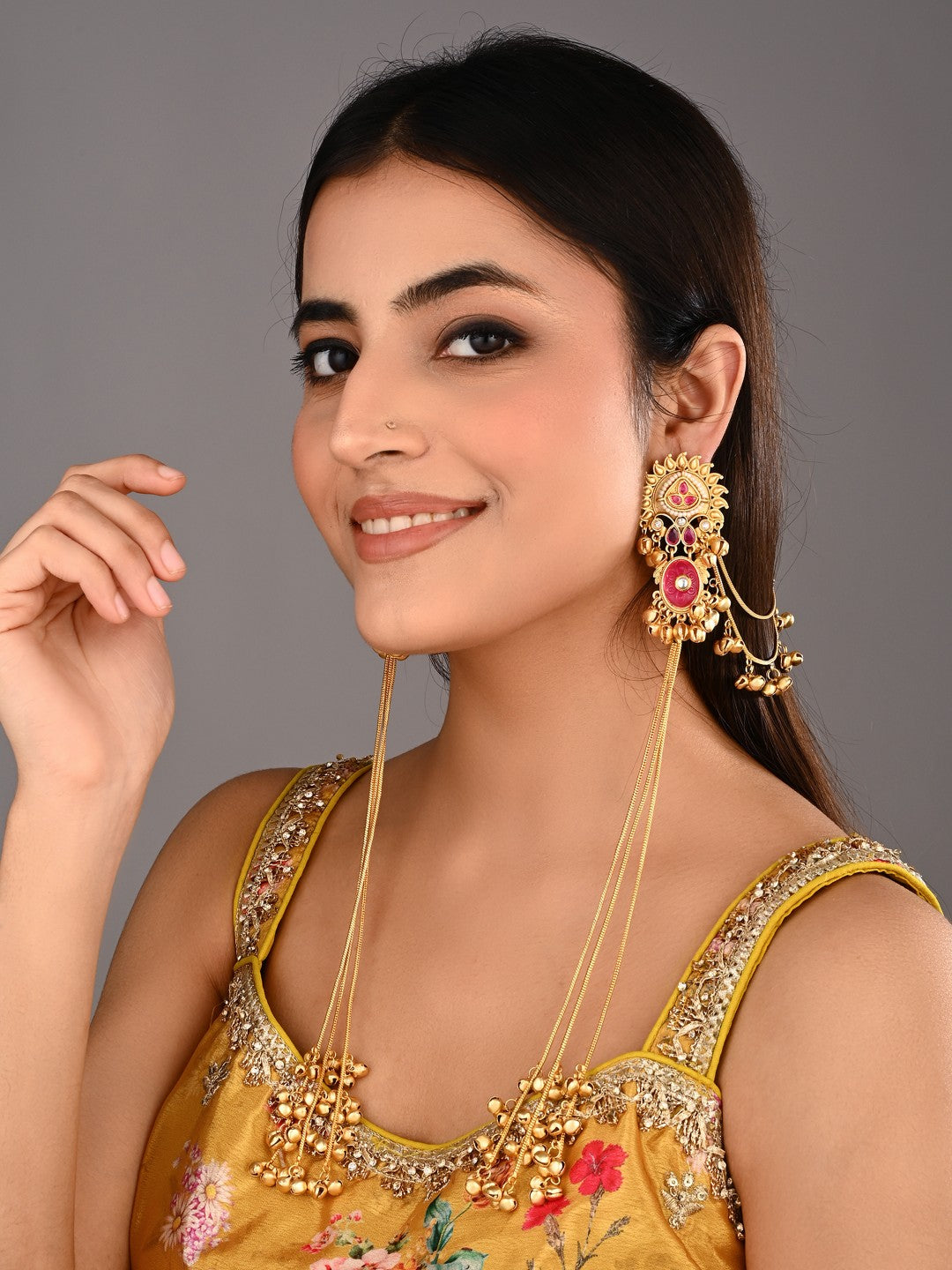 Gold-Tone Kundan Red Stone Kashmiri Long Chain Earrings