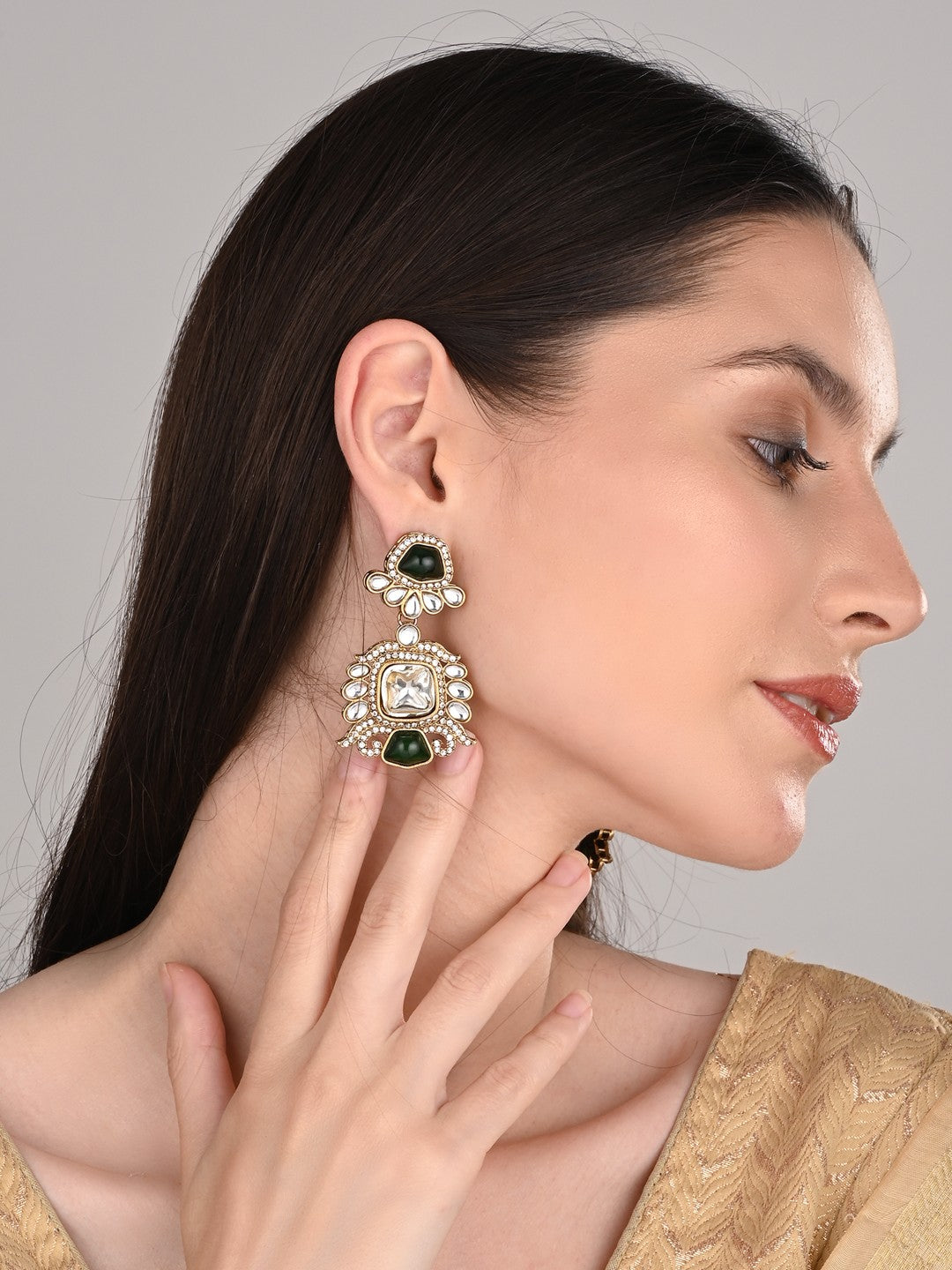 Gold plated kundan Pear shaped Drop Earrings Green