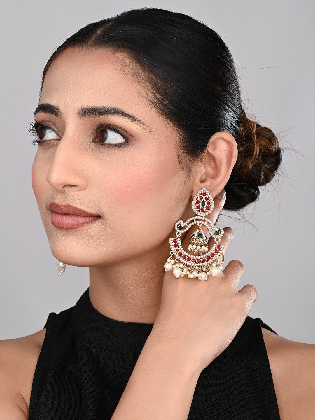 Gold plated Stone & beads chandbali Earring -  Multi