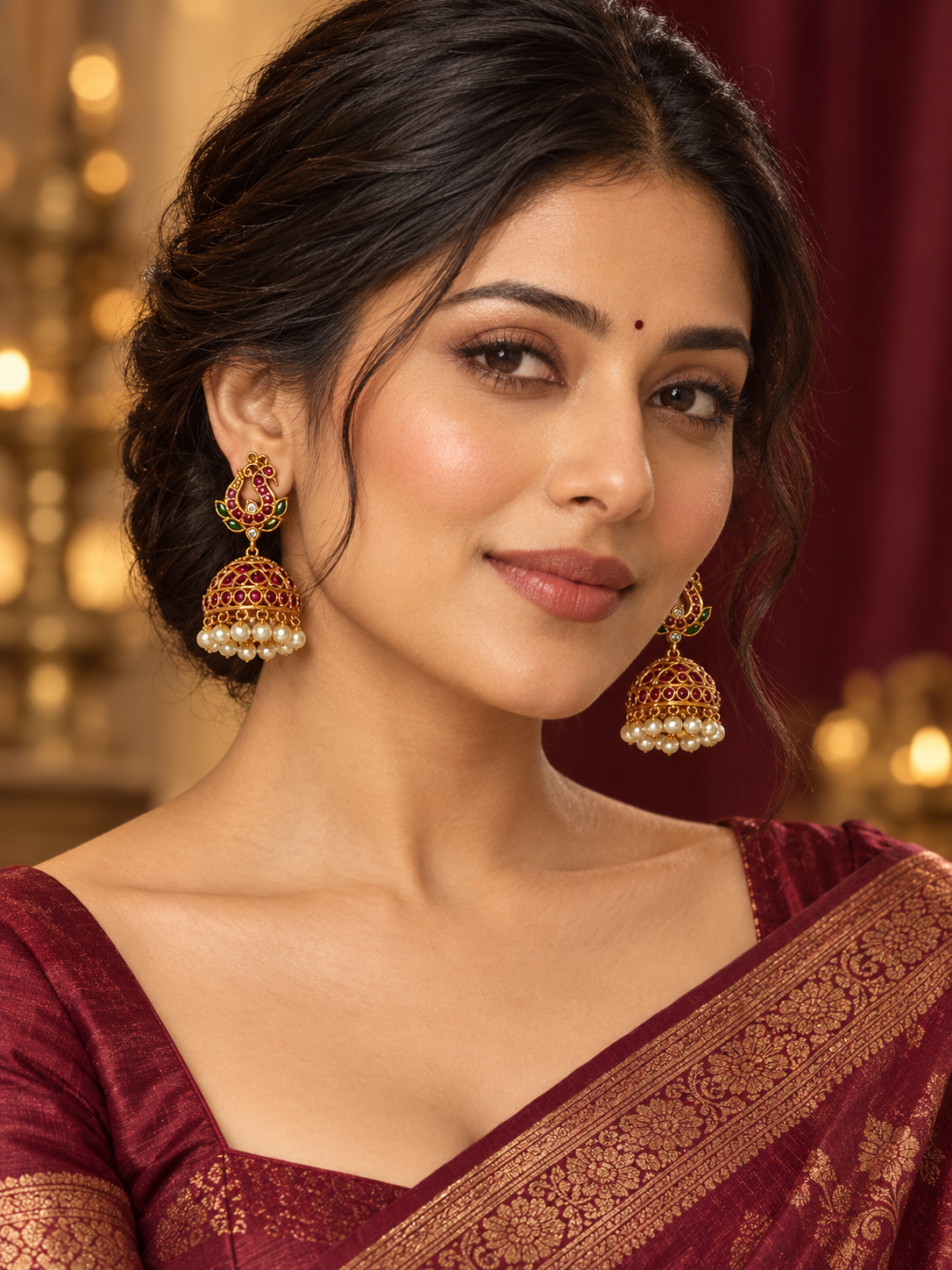 Aadhya Gold-Toned Peacock Kundan Jhumka Earrings