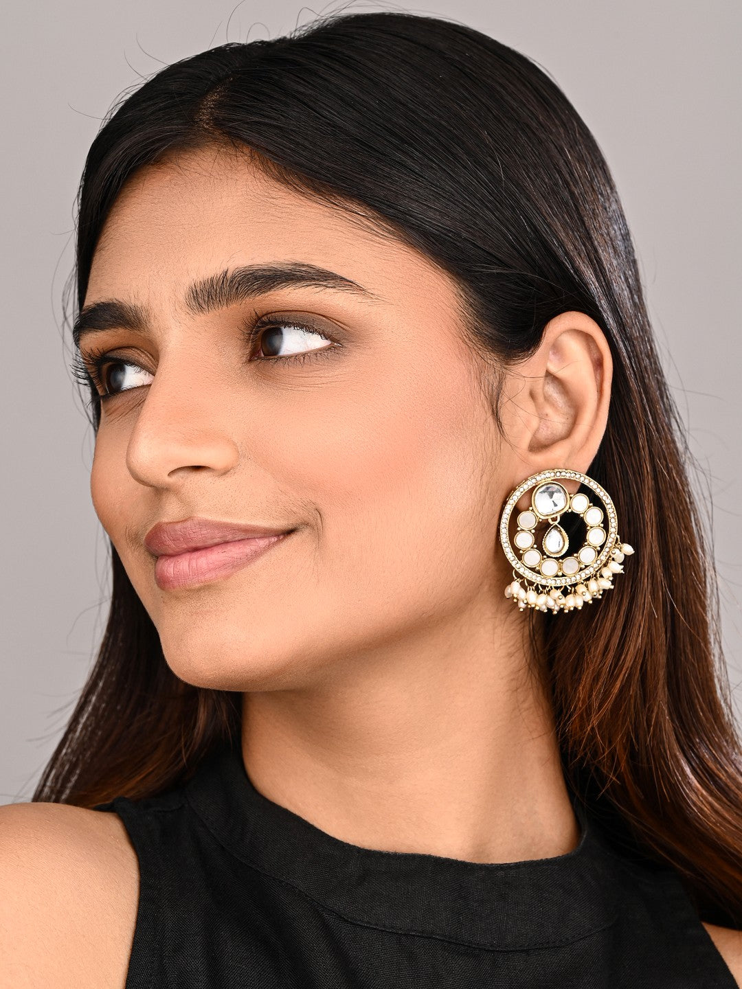 Regal Kundan Pearl Chandbali Earrings - White