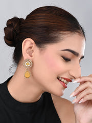 Gold plated Flower Stud with tear drop earring - Yellow