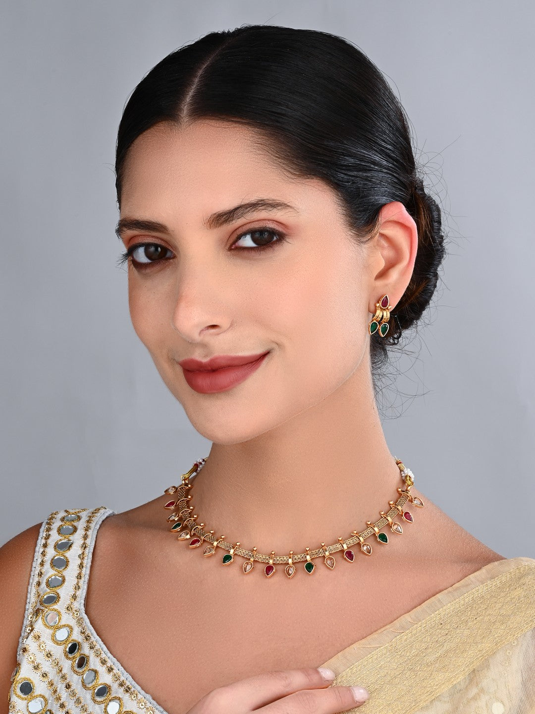 Multicolour Festive Gold-Tone Necklace & Earrings Set