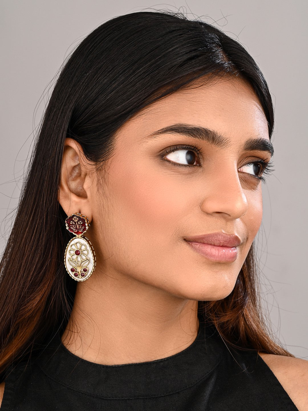 MOP Meenakari Floral Drop Earrings - Red