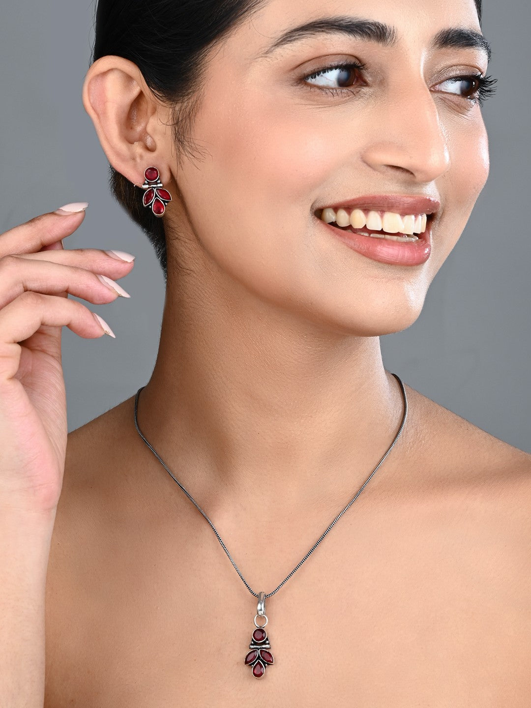 Elegant Crystal Pendant Necklace Set with Matching Drop Earrings - Red
