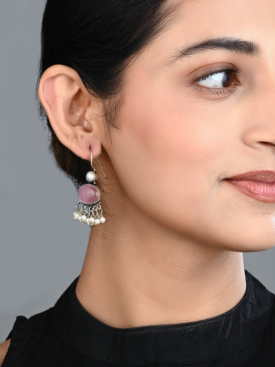 Pink Blue Stone Pearl Fringe Drop Earrings