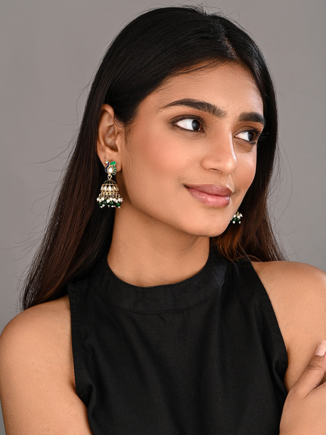 Peacock-inspired jhumka earrings- Green