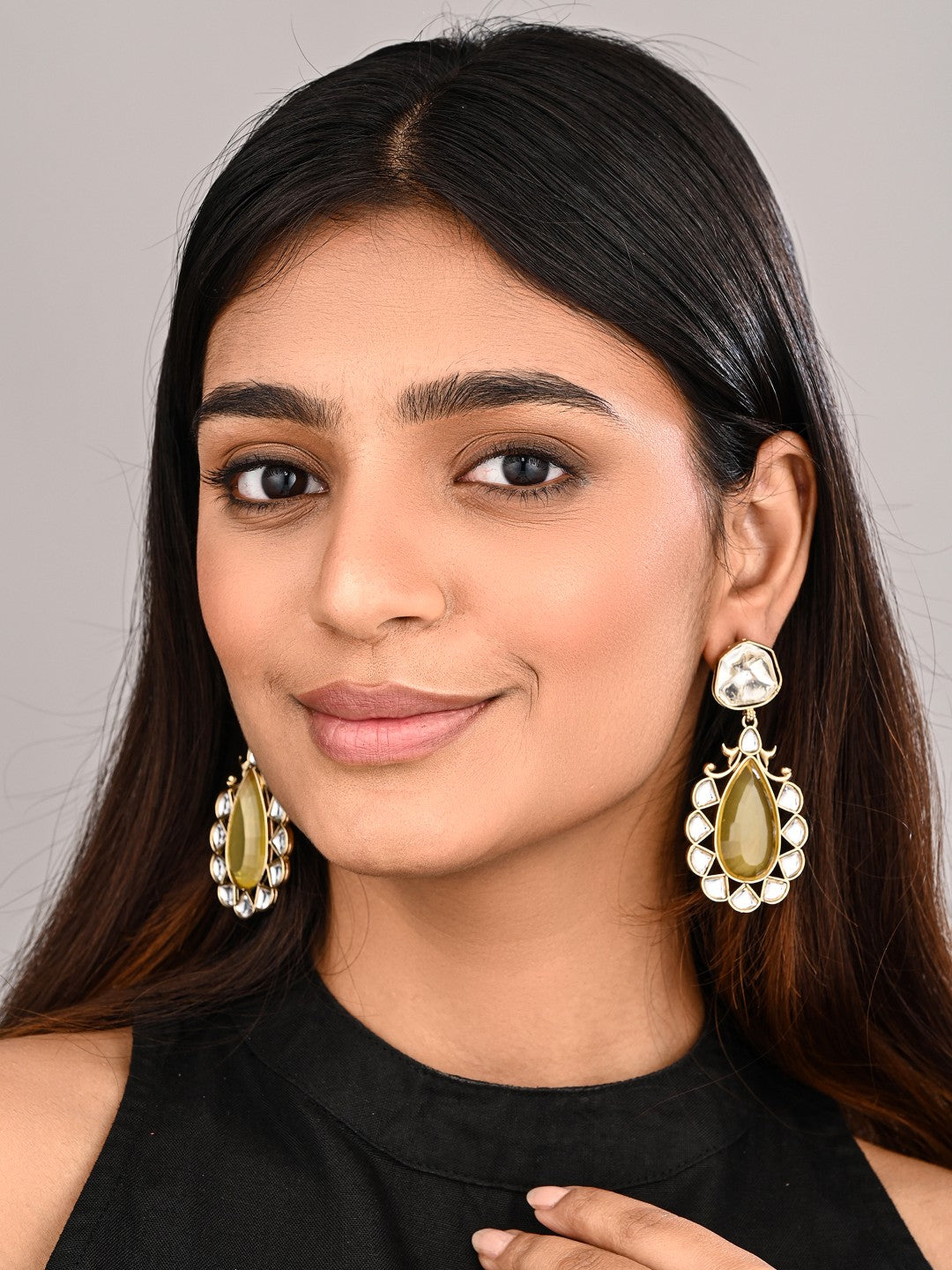 Gold-Plated Yellow Kundan Teardrop Earrings for Women