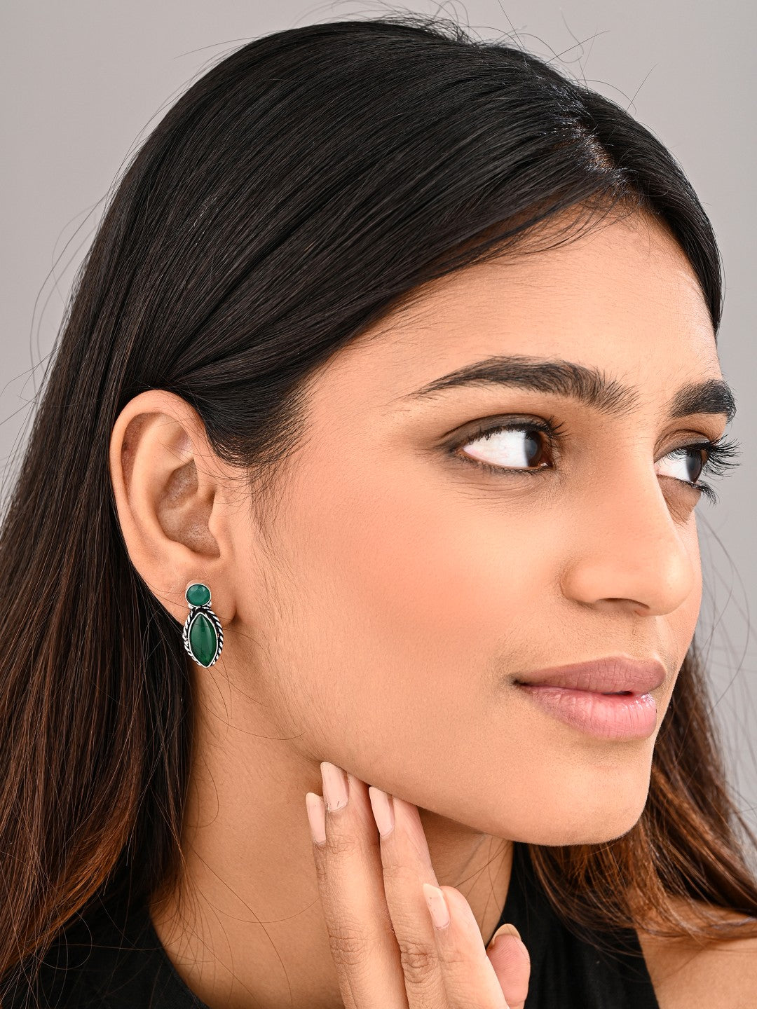 Silver-Tone Green Stone Statement Earring