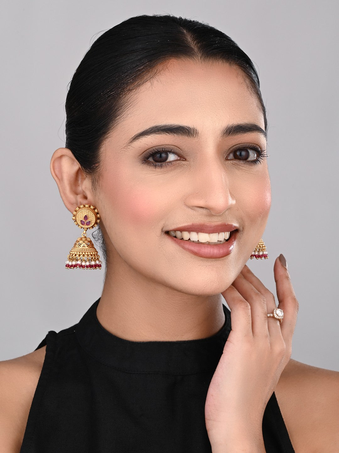 Antique Gold-Plated Temple Jhumka Earrings - Red