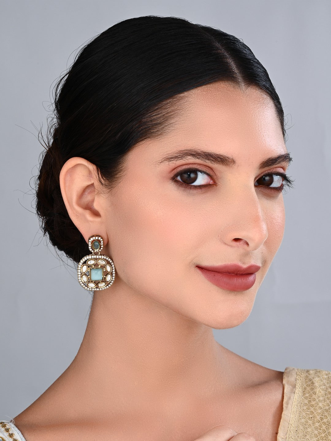 Kundan & Stone Embellished Statement Earrings Sage Green