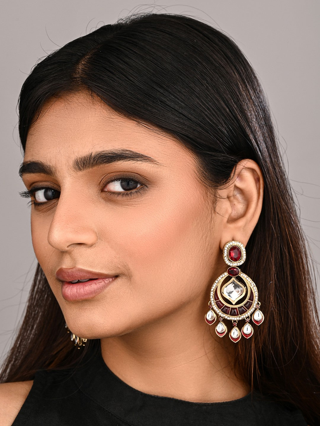 Kundan Chandbali Earrings with Teardrop Danglers- Red