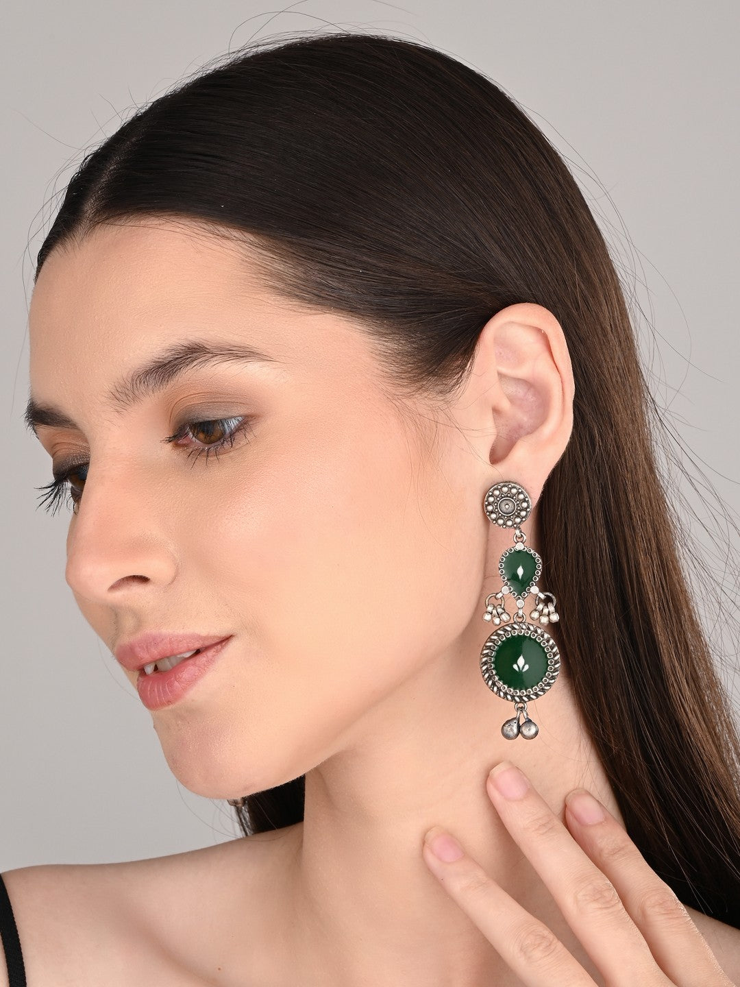Hand-Painted circular Drop Earrings Green