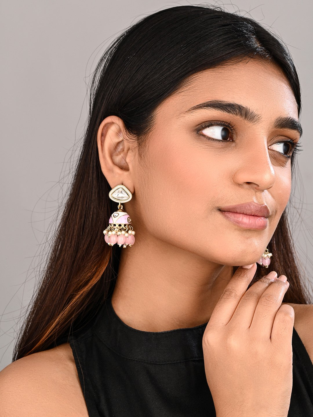 Enamelled Jhumka Earring - Light Pink